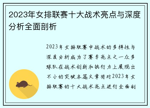 2023年女排联赛十大战术亮点与深度分析全面剖析