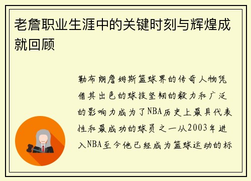 老詹职业生涯中的关键时刻与辉煌成就回顾
